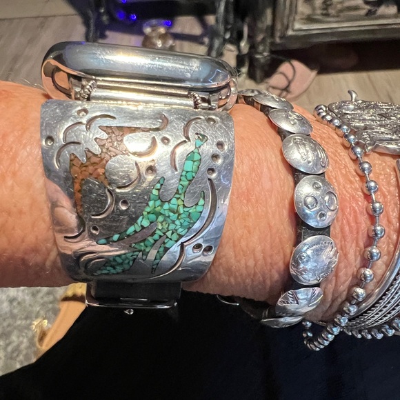 Vintage APPLE WATCHBAND/SS/turquoise/coral Native American Peyote bird - Picture 2 of 6